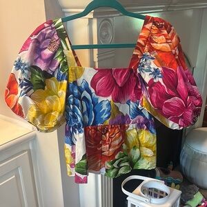 FARM Rio Pink and Orange Puff Sleeve Blouse